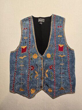 Vintage Agapo Womens 1X Embroidered Denim Vest Blue Floral Button Up Boho